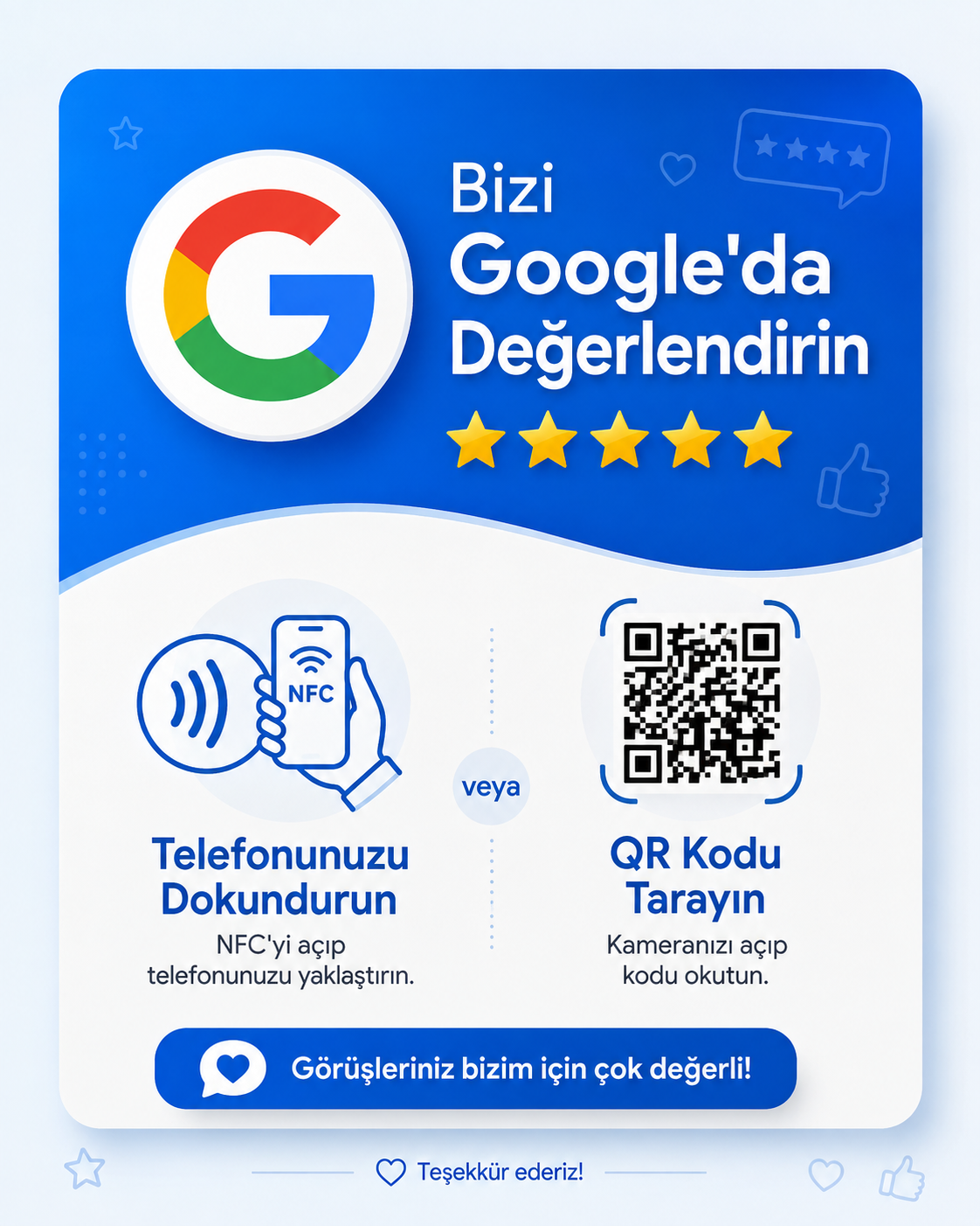 Google Yorum Kartı – Dinamik QR + NFC | Bağlantısı Değiştirilebilir