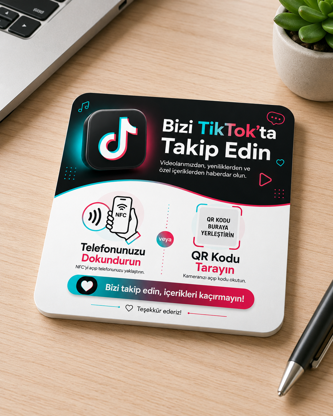 TikTok Takipçi Kartı – Dinamik QR + NFC | 10×10 cm Pleksi